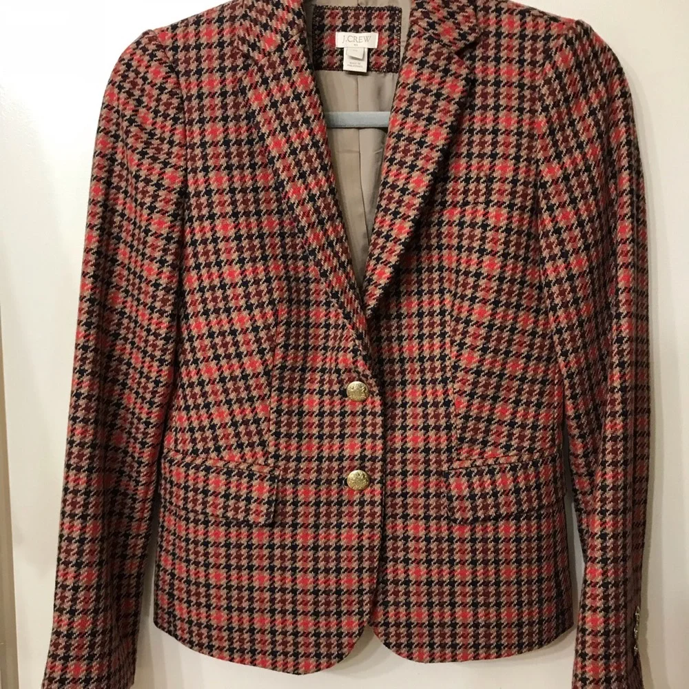 J. Crew Red Black Tan Houndstooth Wool Blazer